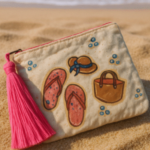 Premium Linen Organizer Clutch featuring stylish designs like lime slices, sea shells, starfish, grapefruit, mandalas, polka-dotted leaves, watermelon, plain leaves, flip flops, bags, hats, sunglasses, coconuts, strawberries, and stripes, crafted from high-quality linen fabric with colorful accents and tassels on a white or beige background, perfect for elegant and durable organization.