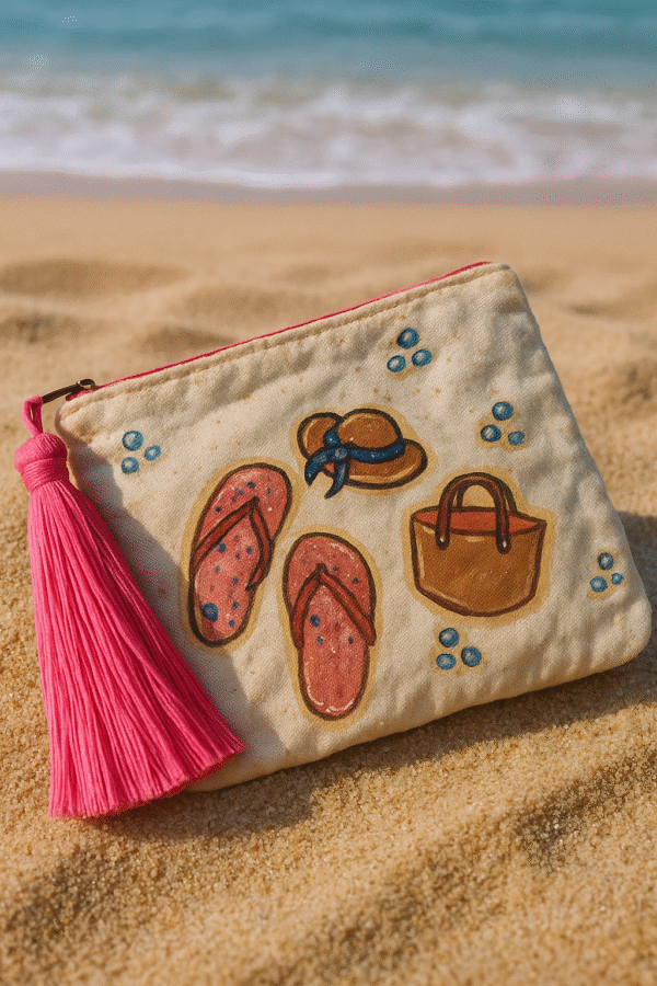 Premium Linen Organizer Clutch featuring stylish designs like lime slices, sea shells, starfish, grapefruit, mandalas, polka-dotted leaves, watermelon, plain leaves, flip flops, bags, hats, sunglasses, coconuts, strawberries, and stripes, crafted from high-quality linen fabric with colorful accents and tassels on a white or beige background, perfect for elegant and durable organization.