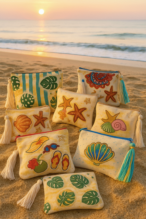 Premium Linen Organizer Clutch featuring stylish designs like lime slices, sea shells, starfish, grapefruit, mandalas, polka-dotted leaves, watermelon, plain leaves, flip flops, bags, hats, sunglasses, coconuts, strawberries, and stripes, crafted from high-quality linen fabric with colorful accents and tassels on a white or beige background, perfect for elegant and durable organization.